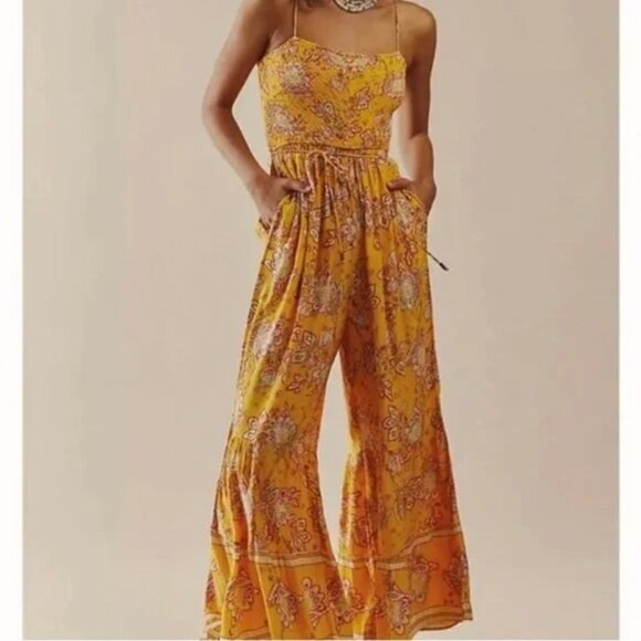 NEW Free People Yellow Printed Flowy Wide Leg Smocked Jumpsuit - Picture 11 of 11